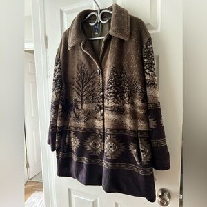Vintage Brown Teddy Jacket with winter scene & southwest design